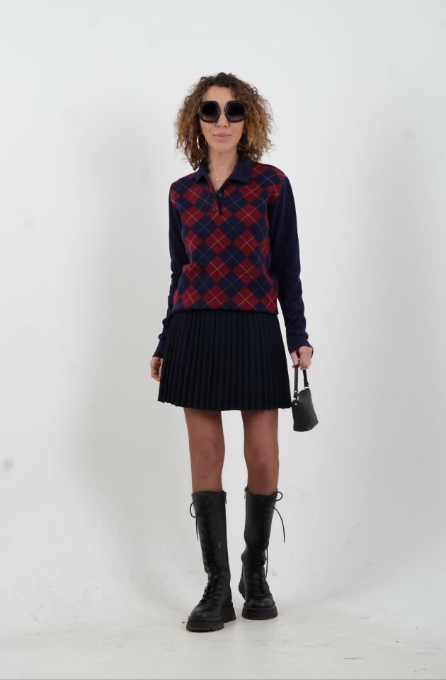 Bordo Lacivert Baklava Desen Polo Yaka Kazak