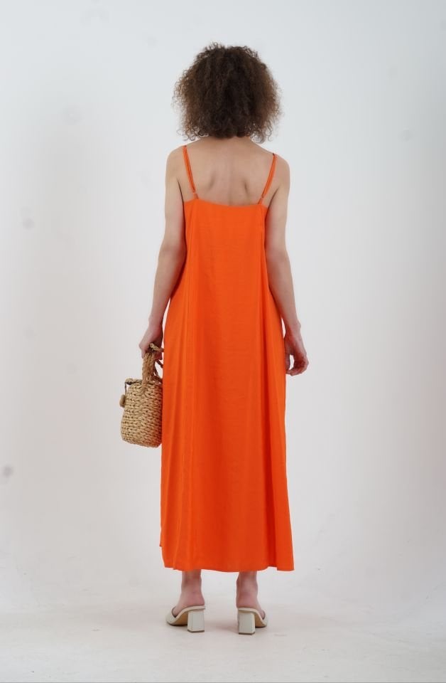 Oranj Tencel Askılı Elbise