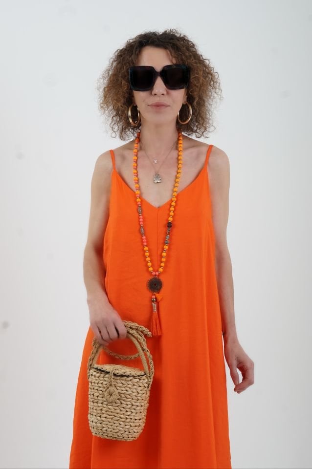 Oranj Tencel Askılı Elbise