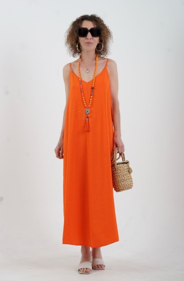 Oranj Tencel Askılı Elbise