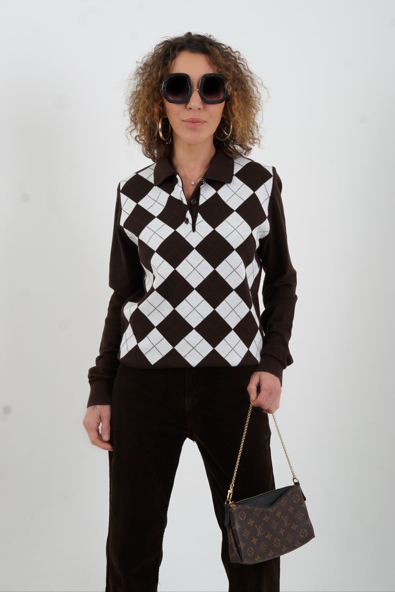 Kahve Ekru Baklava Desen Polo Yaka Kazak