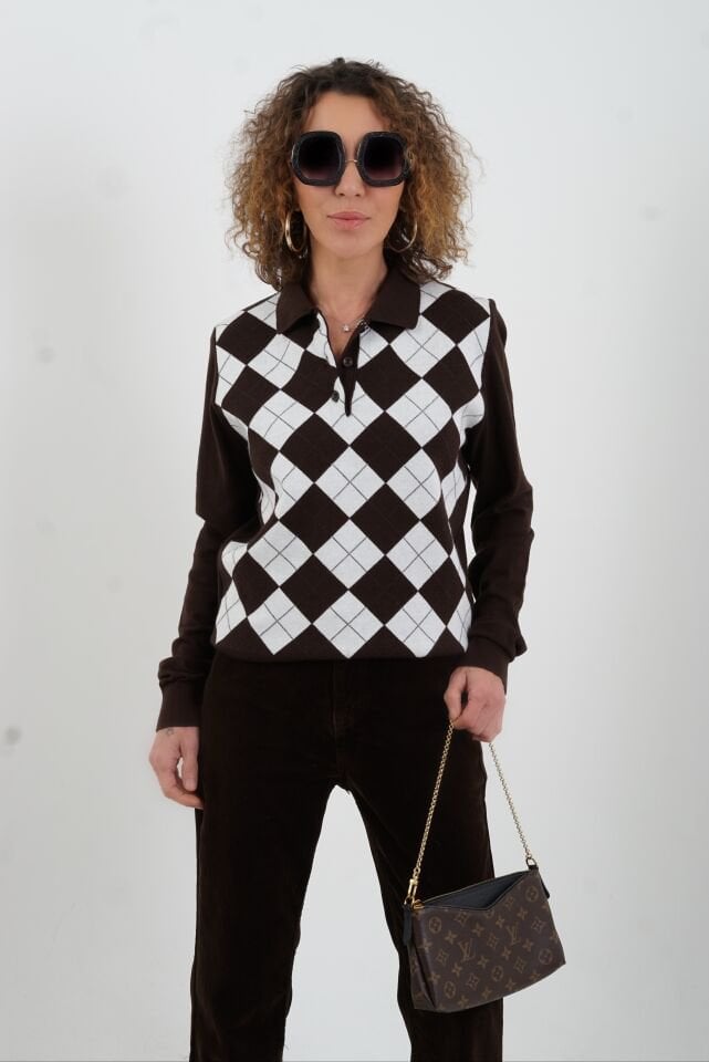 Kahve Ekru Baklava Desen Polo Yaka Kazak