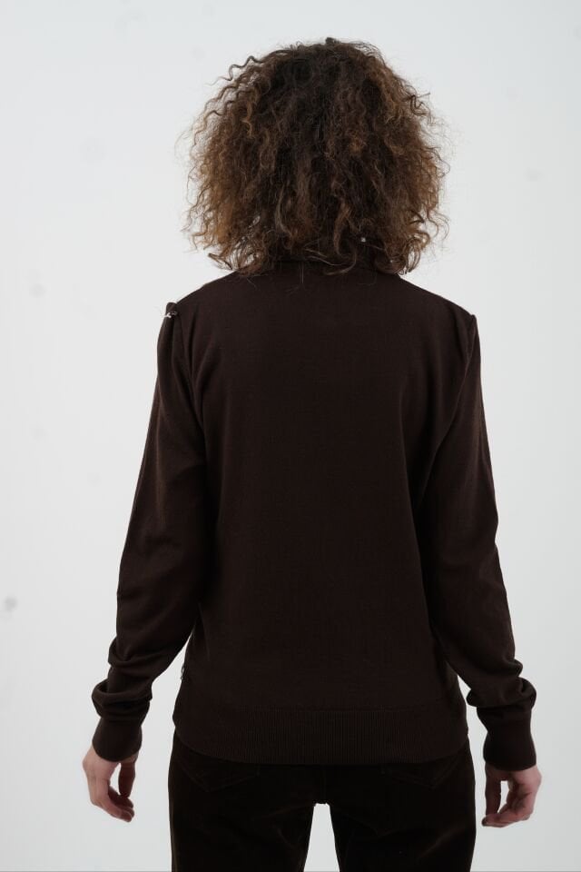 Kahve Ekru Baklava Desen Polo Yaka Kazak