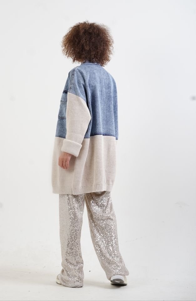 Taş Triko Detaylı Uzun Denim Ceket