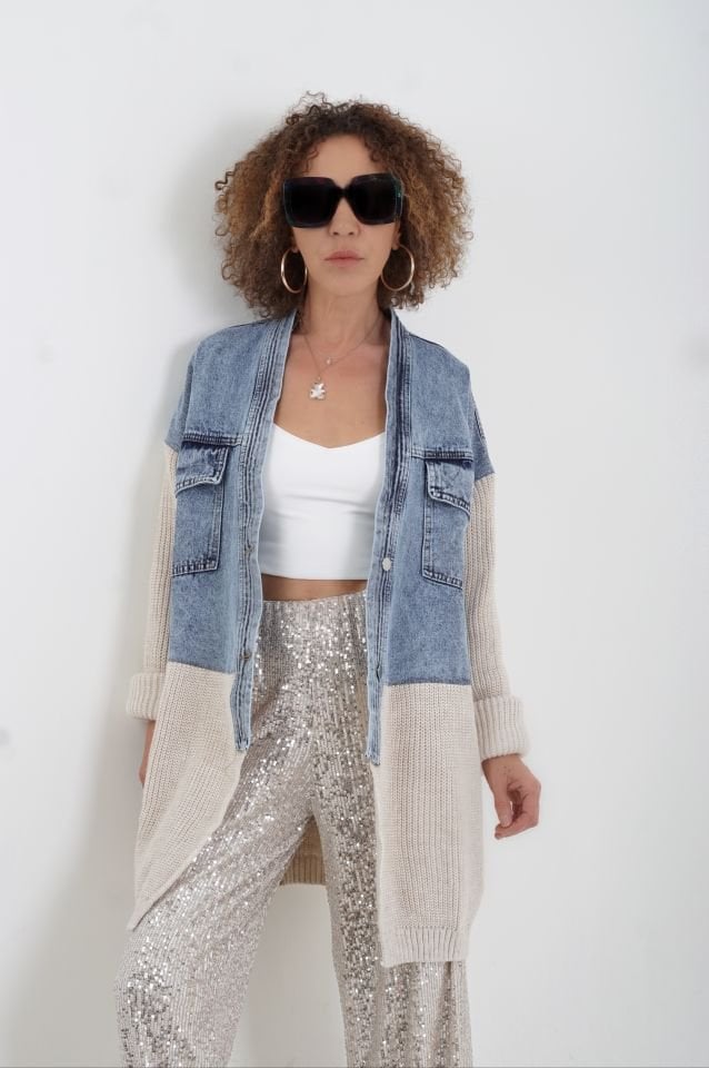 Taş Triko Detaylı Uzun Denim Ceket