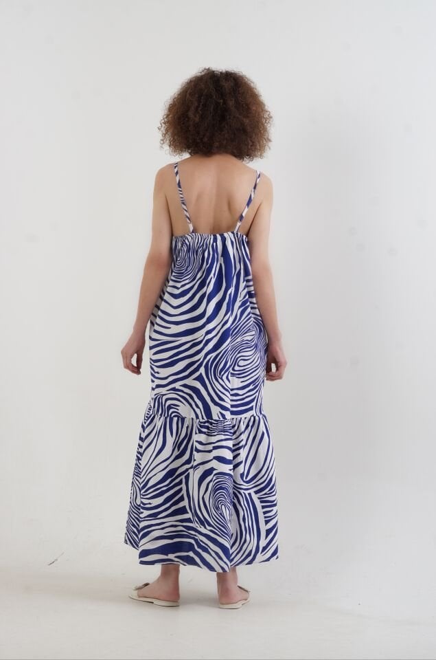 Lacivert Zebra Desen Askılı Elbise