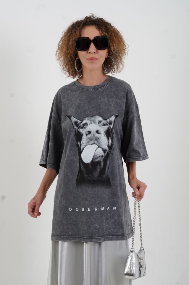 Antrasit Doberman Köpek Baskılı Soluk Efektli Oversize Tshirt