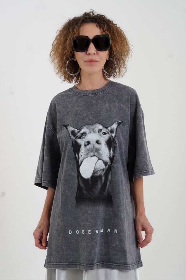 Antrasit Doberman Köpek Baskılı Soluk Efektli Oversize Tshirt
