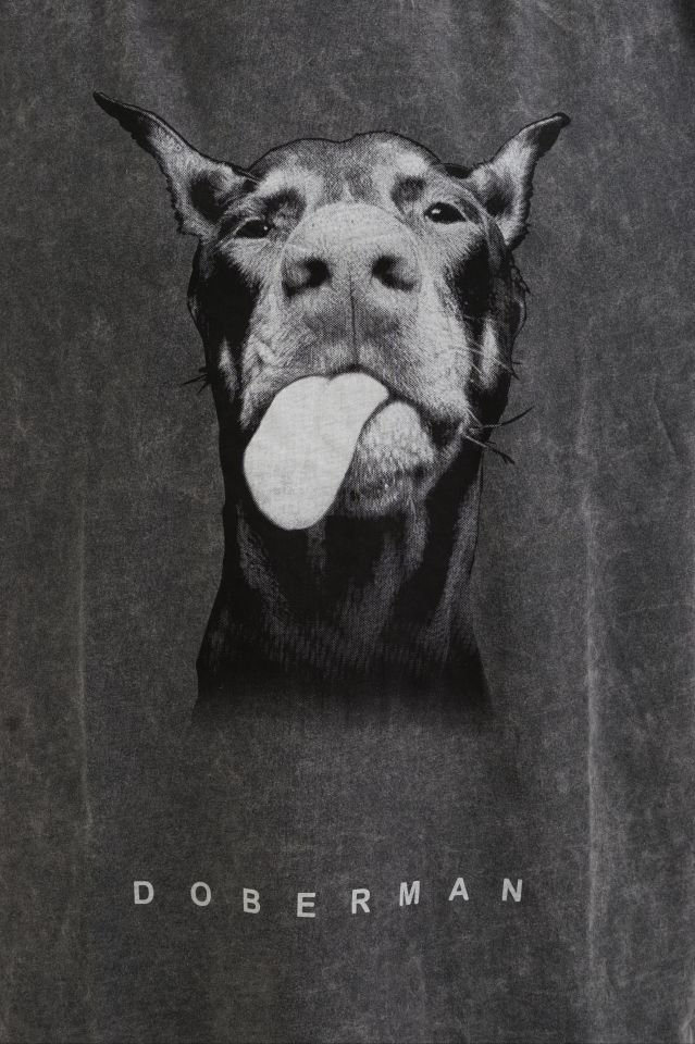 Antrasit Doberman Köpek Baskılı Soluk Efektli Oversize Tshirt