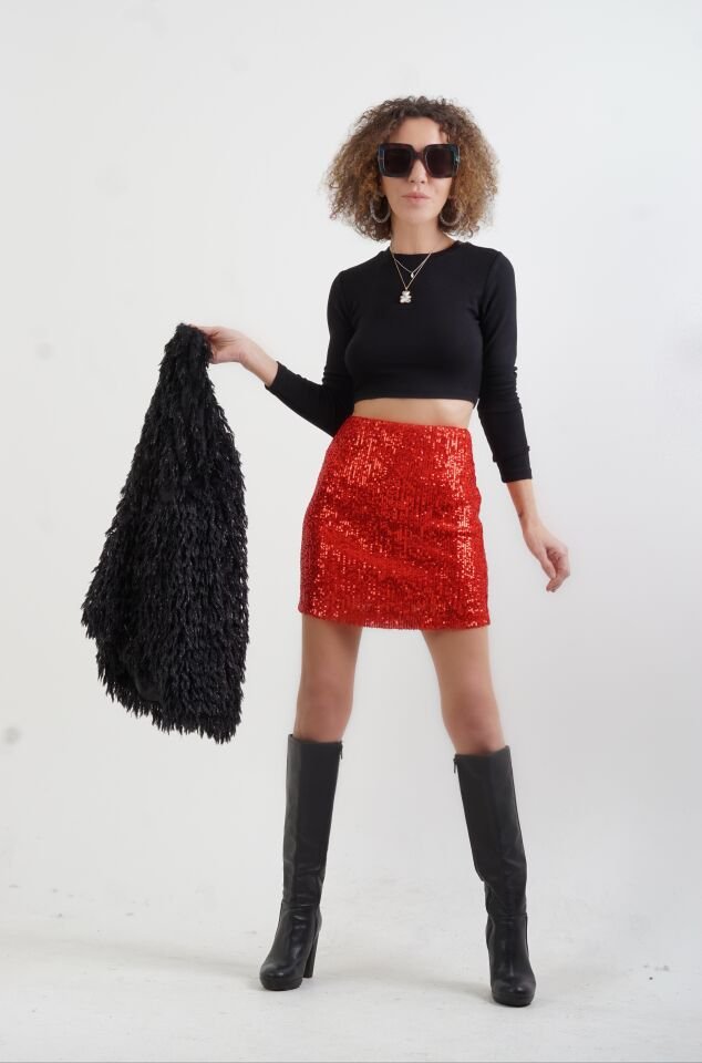 Kırmızı Pul Payetli Astarlı Mini Etek