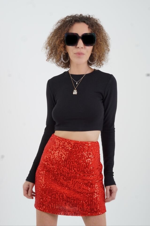 Kırmızı Pul Payetli Astarlı Mini Etek