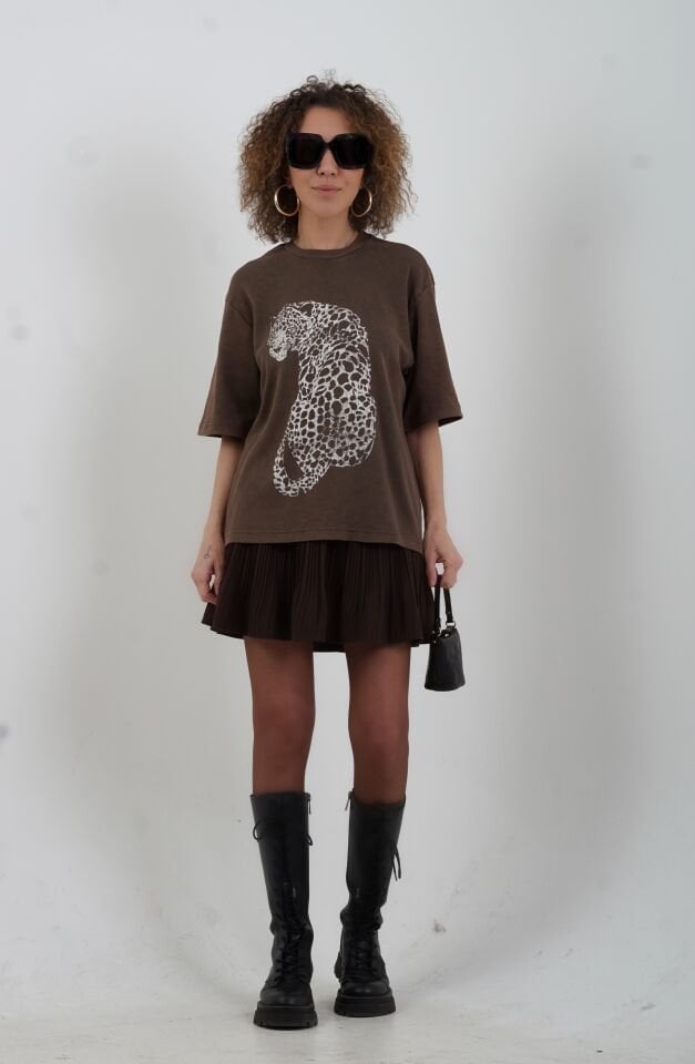 Kahve Kaplan Baskılı Soluk Efektli Tshirt