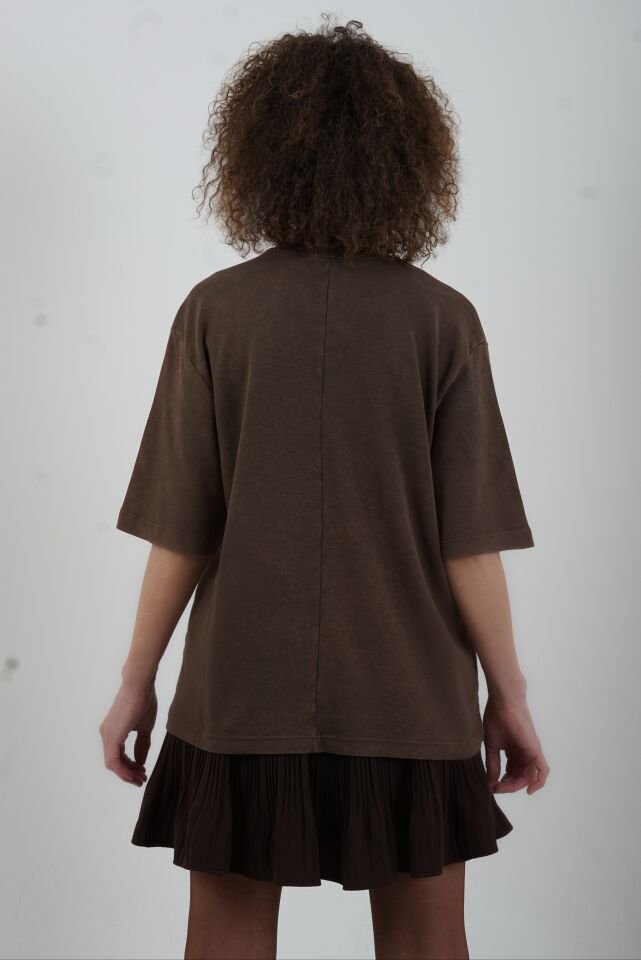 Kahve Kaplan Baskılı Soluk Efektli Tshirt