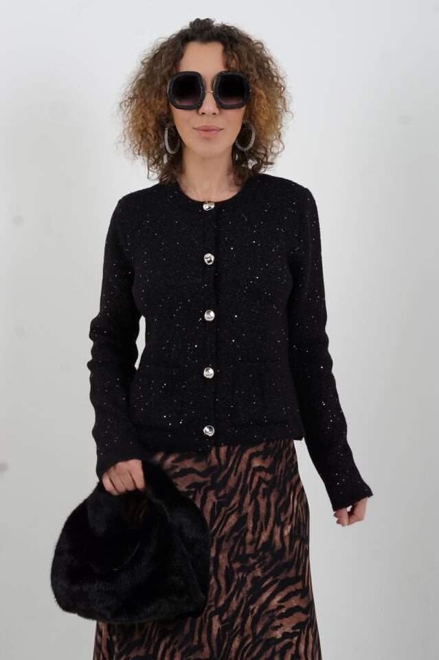 Siyah Pullu Simli Triko Hırka