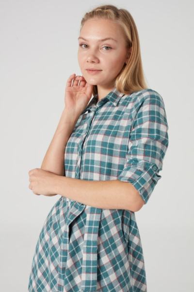 Juliet Ekoseli Gömlek Elbise PETROL MAVİSİ - 42