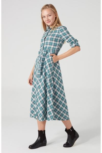 Juliet Ekoseli Gömlek Elbise PETROL MAVİSİ - 42