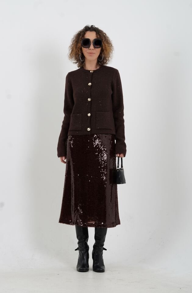 Kahve Pullu Simli Triko Hırka