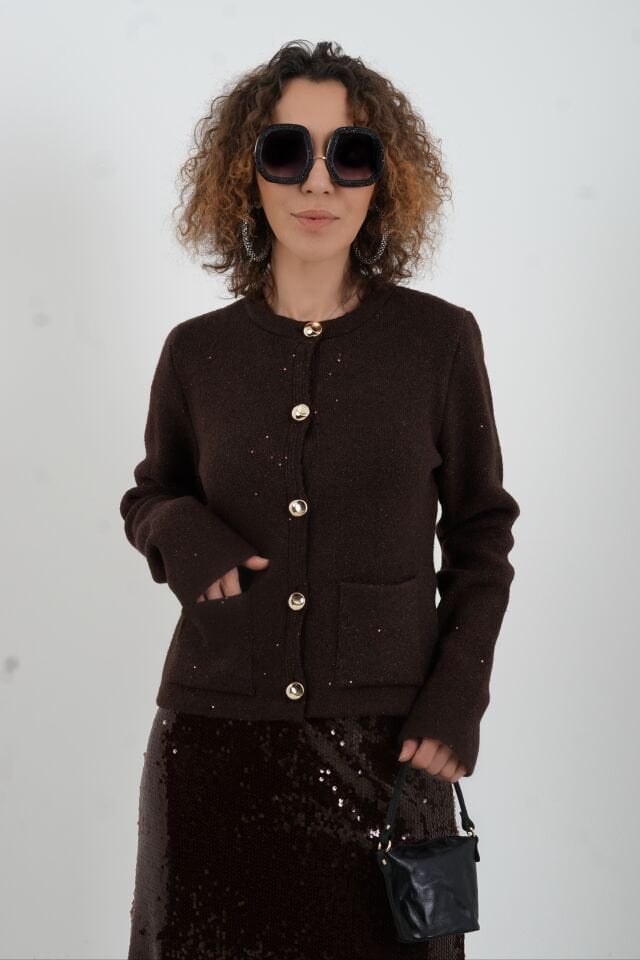 Kahve Pullu Simli Triko Hırka