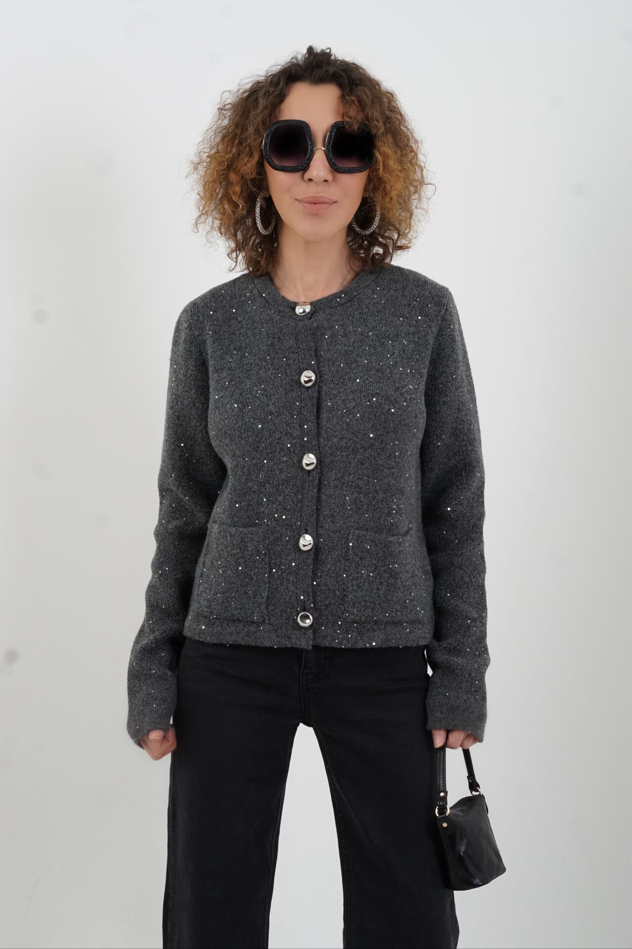 Füme Pullu Simli Triko Hırka