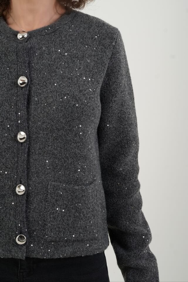 Füme Pullu Simli Triko Hırka