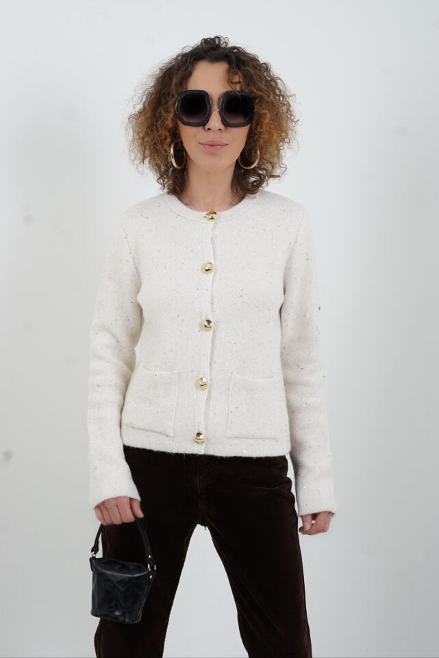 Krem Pullu Simli Triko Hırka