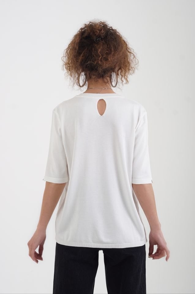 Ekru Bisiklet Yaka Arka Damla Kısa Kol Kazak