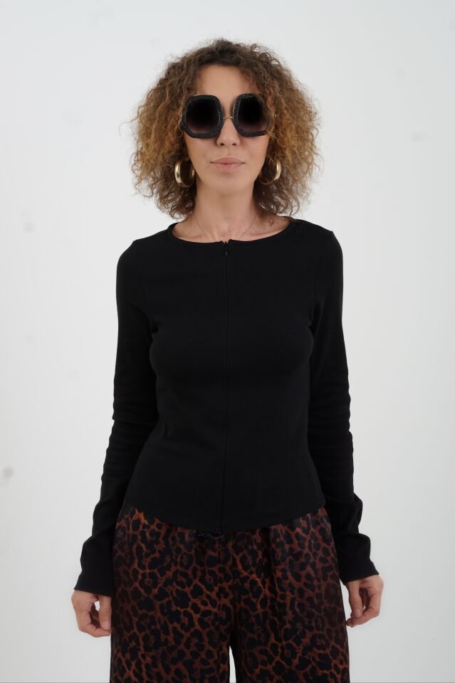 Siyah Fermuar Detaylı Uzun Kollu Bluz