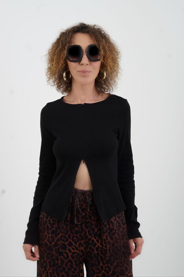 Siyah Fermuar Detaylı Uzun Kollu Bluz