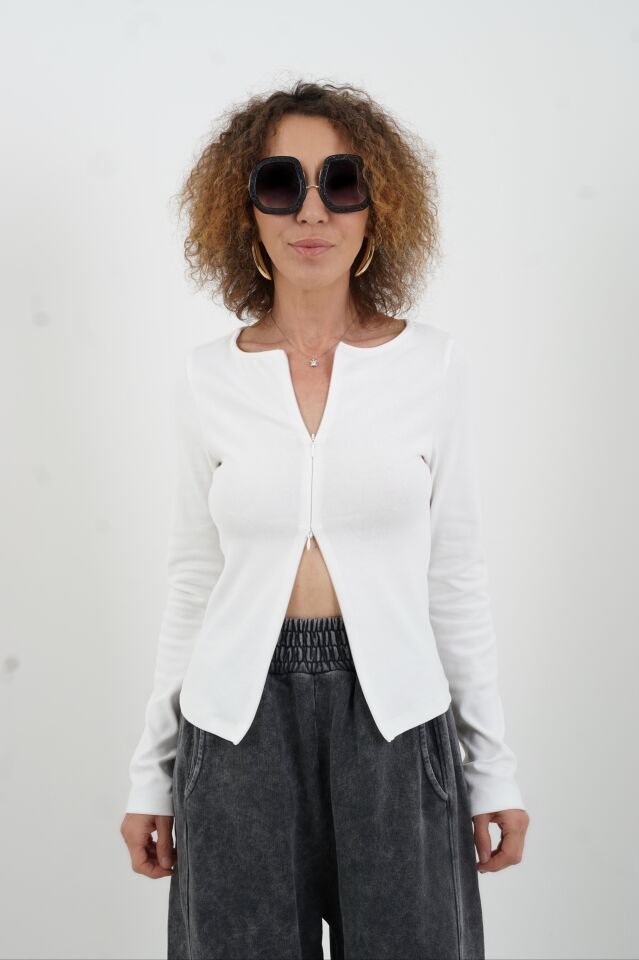 Ekru Fermuar Detaylı Uzun Kollu Bluz