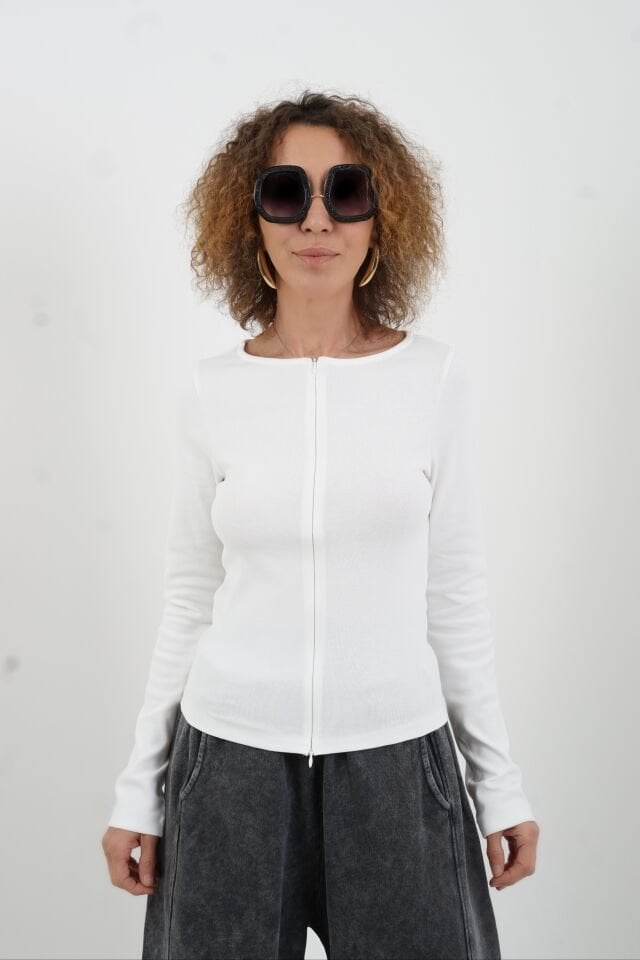 Ekru Fermuar Detaylı Uzun Kollu Bluz
