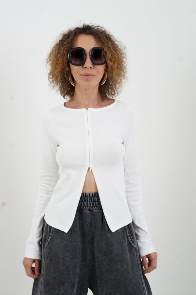 Ekru Fermuar Detaylı Uzun Kollu Bluz
