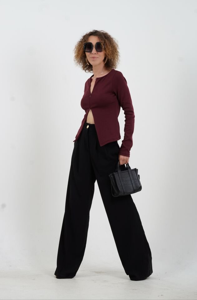 Bordo Fermuar Detaylı Uzun Kollu Bluz