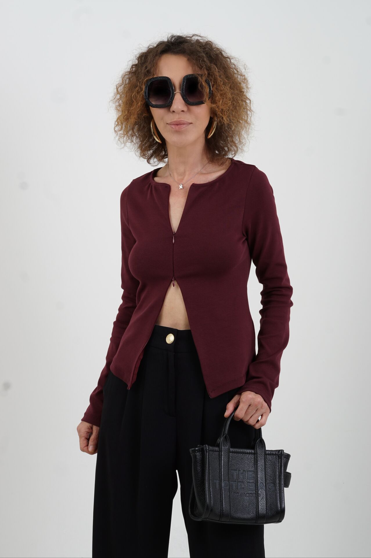 Bordo Fermuar Detaylı Uzun Kollu Bluz