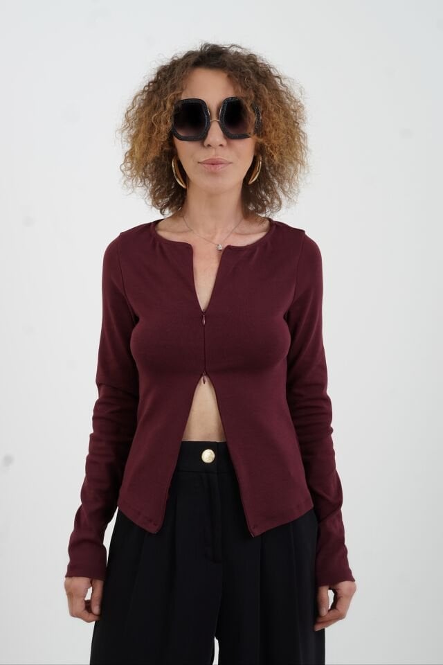 Bordo Fermuar Detaylı Uzun Kollu Bluz