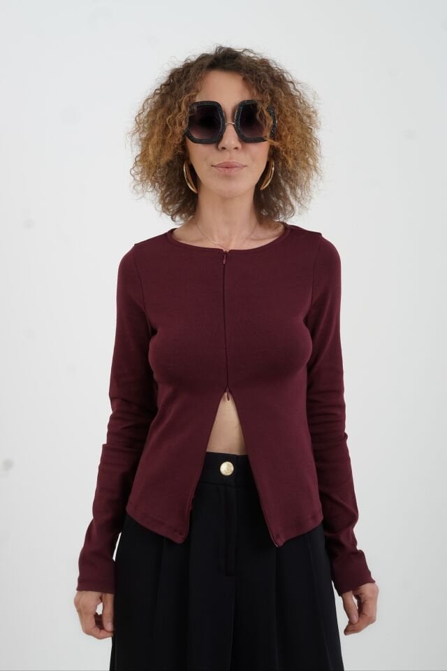 Bordo Fermuar Detaylı Uzun Kollu Bluz