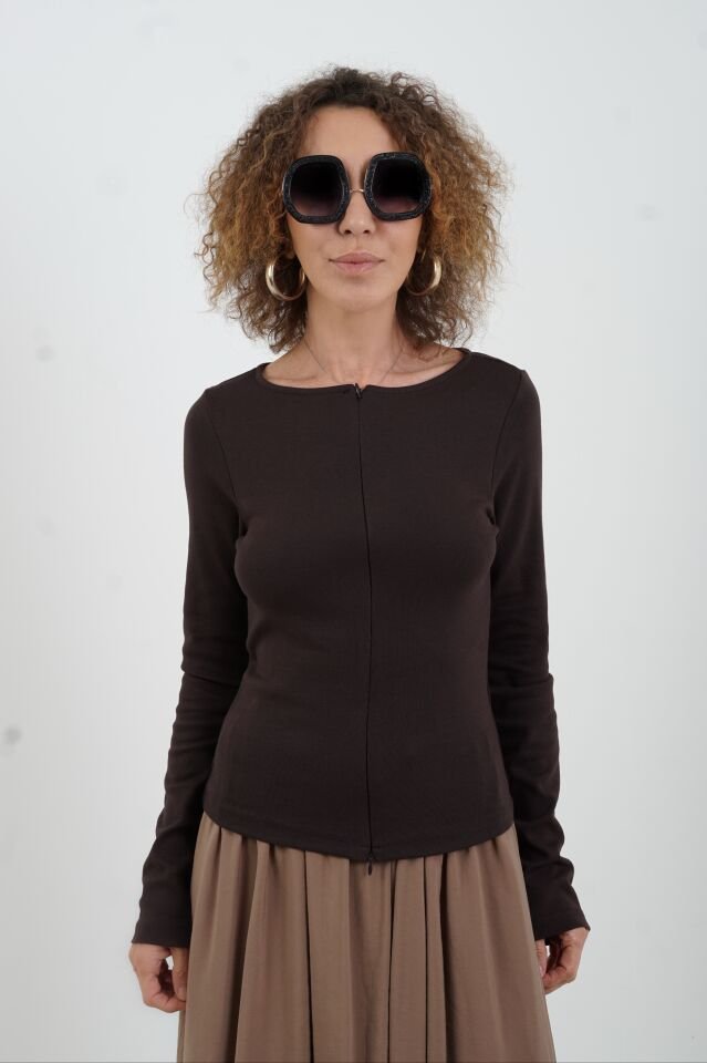 Koyu Kahve Fermuar Detaylı Uzun Kollu Bluz