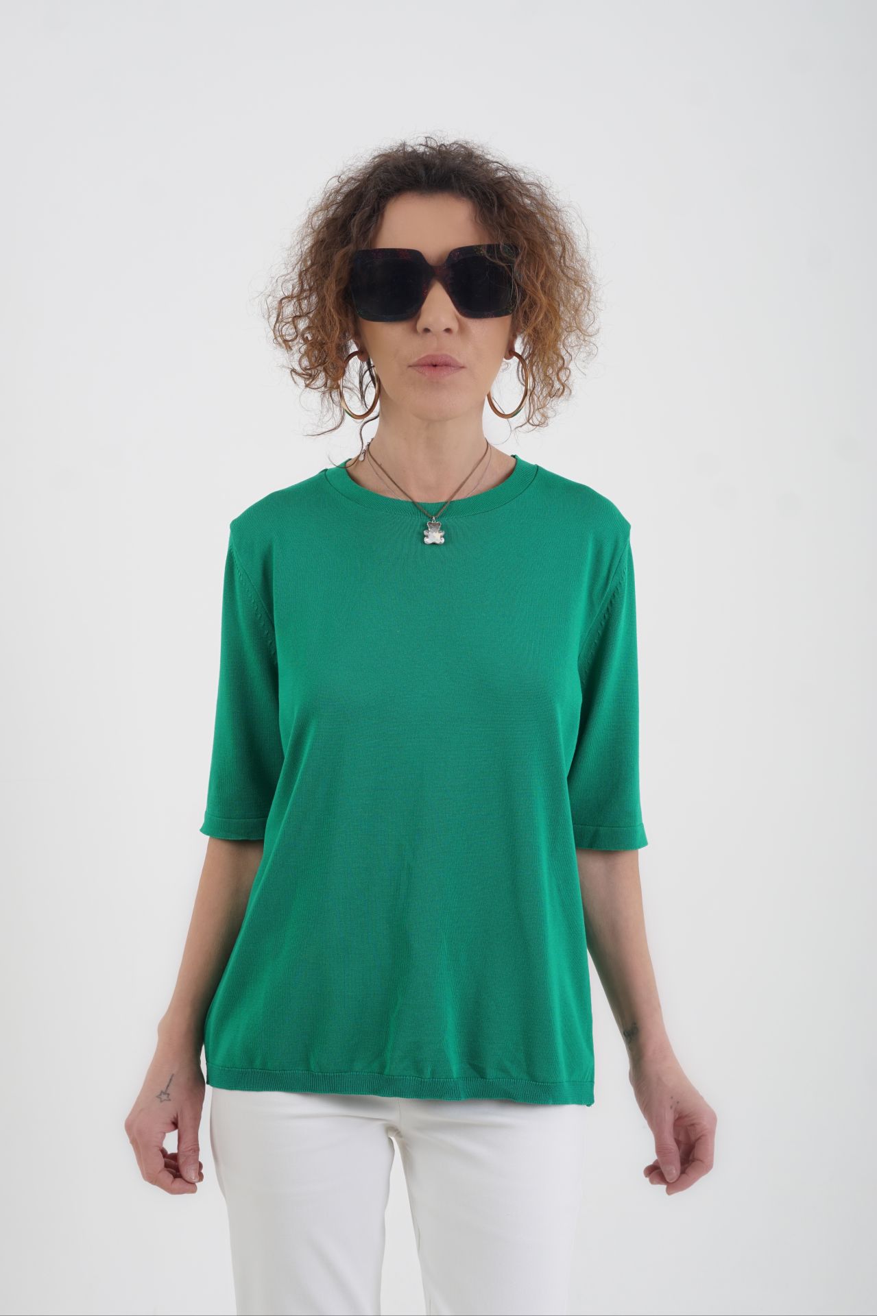 Zümrüt  Yeşili Bisiklet Yaka Arka Damla Kısa Kol Kazak