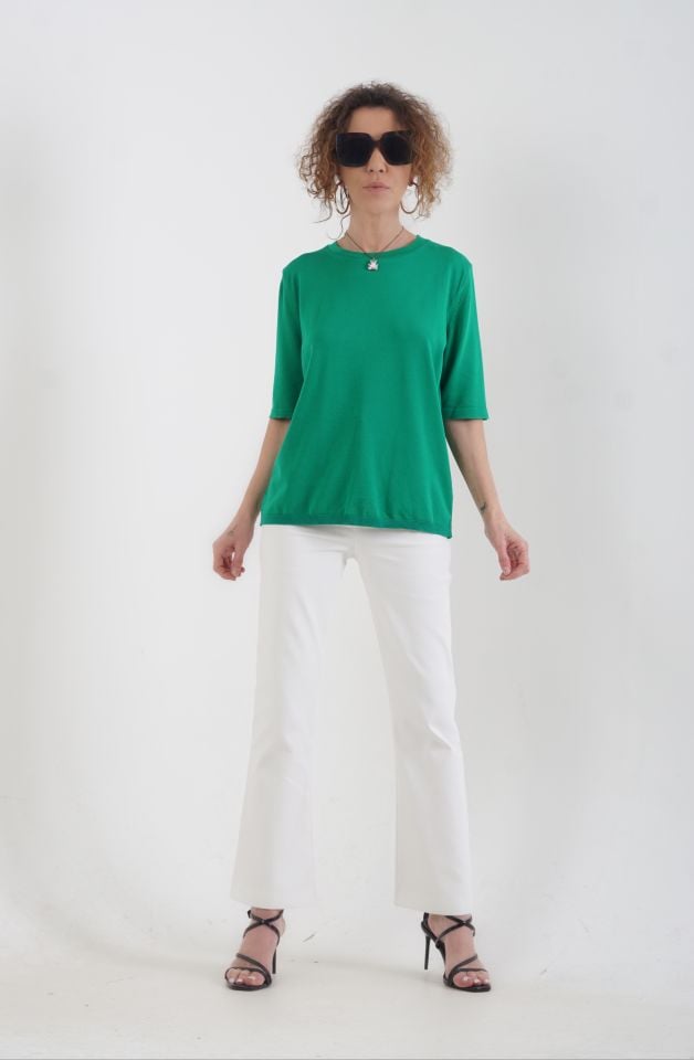 Zümrüt  Yeşili Bisiklet Yaka Arka Damla Kısa Kol Kazak