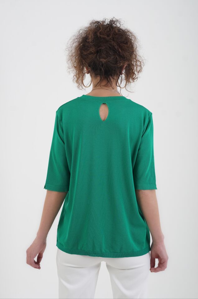 Zümrüt  Yeşili Bisiklet Yaka Arka Damla Kısa Kol Kazak