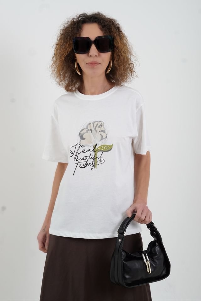 Ekru Tül Detaylı Çiçek Baskılı Tshirt