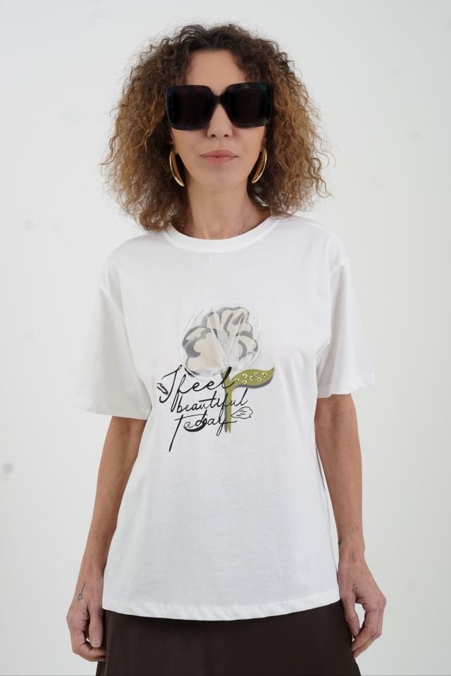 Ekru Tül Detaylı Çiçek Baskılı Tshirt
