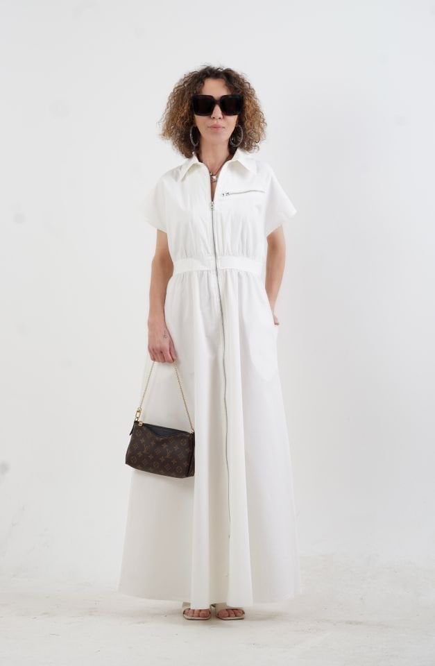 Ekru Fermuarlı Poplin Elbise