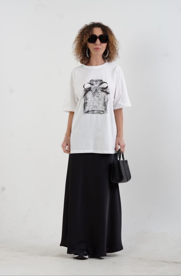 Ekru Parfüm Şişe Baskılı Taşlı Oversize Tshirt