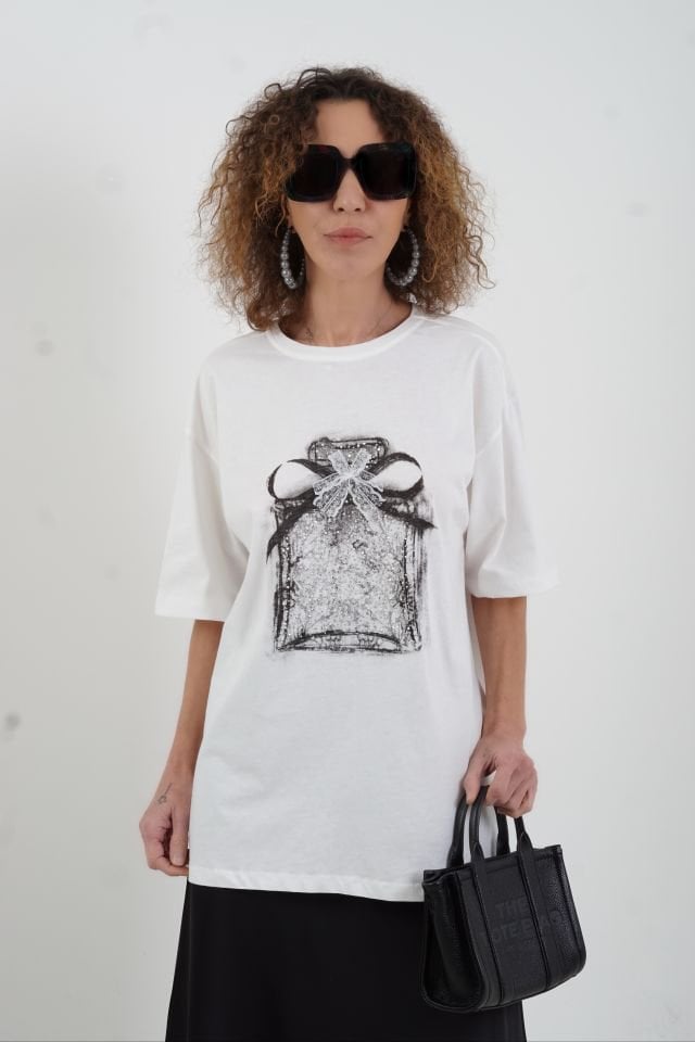 Ekru Parfüm Şişe Baskılı Taşlı Oversize Tshirt