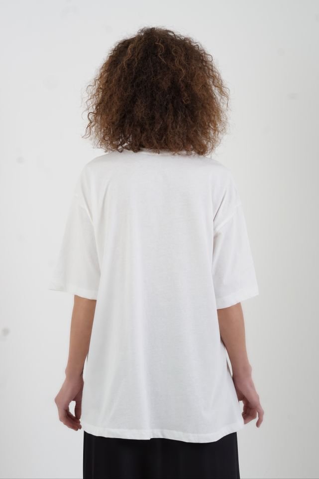 Ekru Parfüm Şişe Baskılı Taşlı Oversize Tshirt