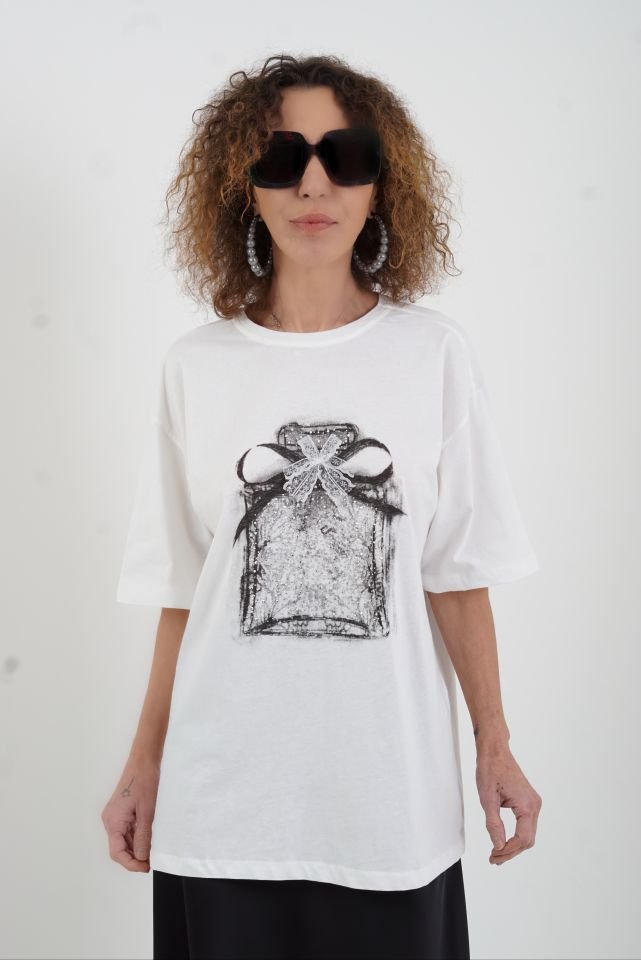Ekru Parfüm Şişe Baskılı Taşlı Oversize Tshirt