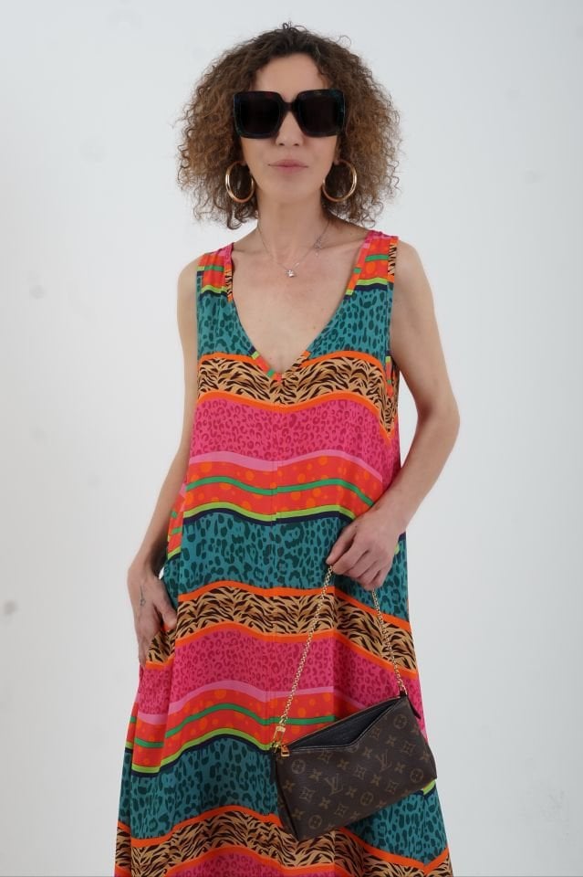Renkli Leopar Mix Desen V Yaka  Elbise