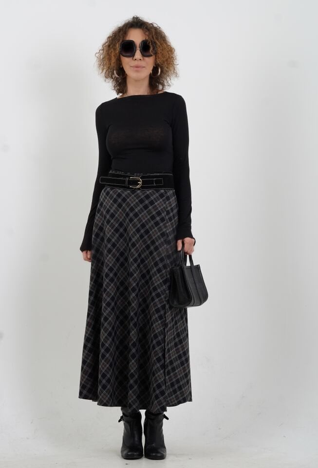 Siyah Kahve Kemerli Yırtmaçlı Ekose Etek