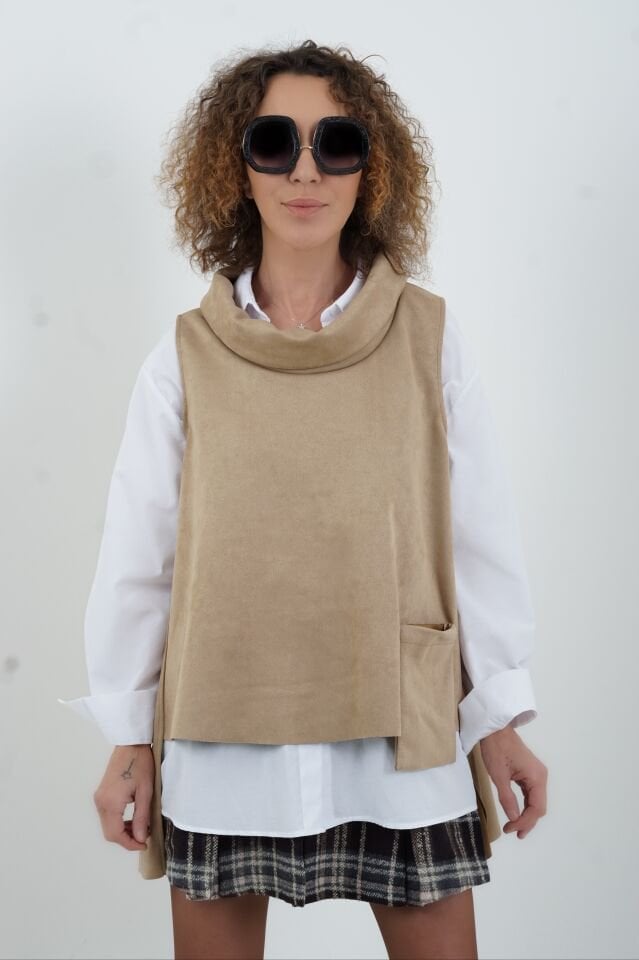 Koyu Bej Cepli Nubuk Bluz