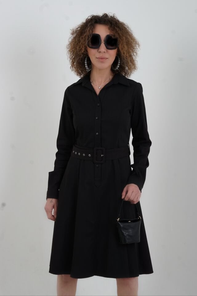 Siyah Kemerli Gömlek Elbise